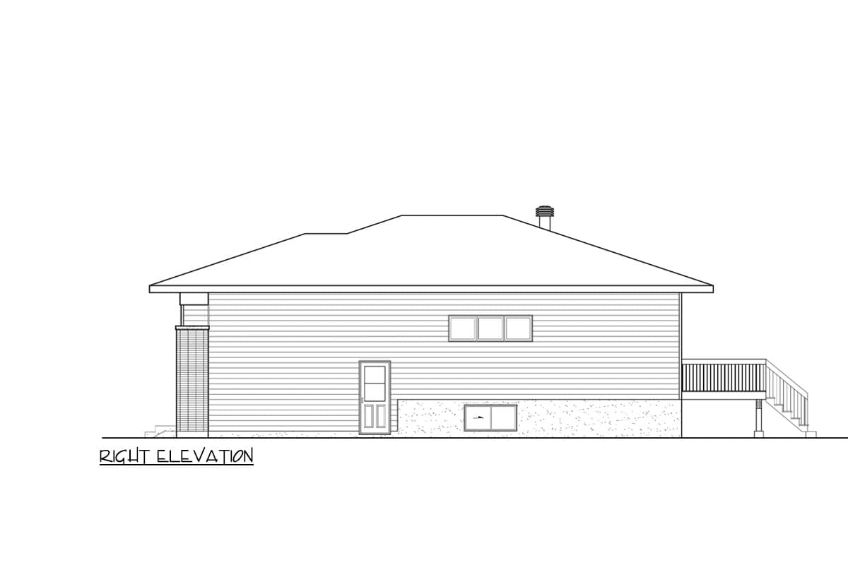 Right elevation house plan showing siding, door, windows, foundation, and deck with railing.