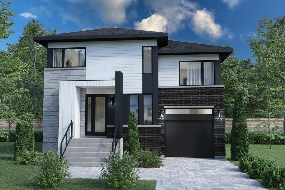 House plan exterior. Two-story modern style home with flat roof. Features include a front entry porch, black brick facade, and an attached garage.
