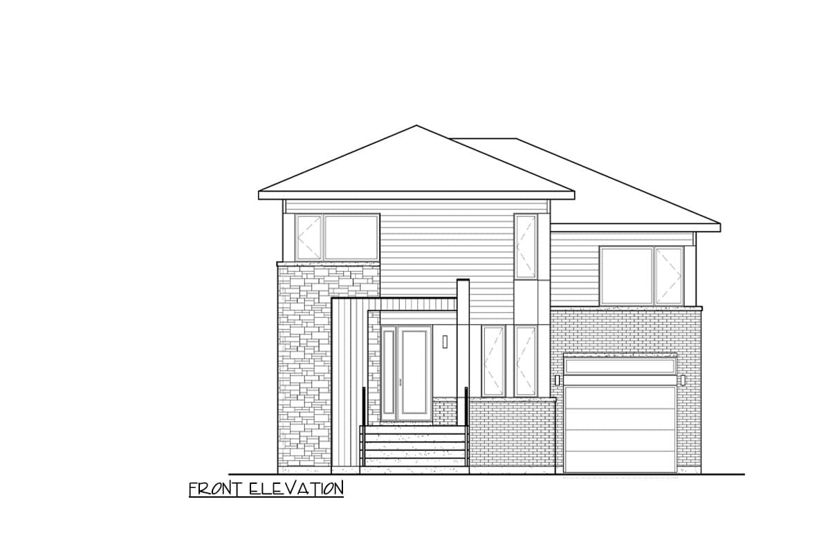 Front elevation drawing of a two-story house plan with siding, stone, brick accents, garage, and covered entryway.