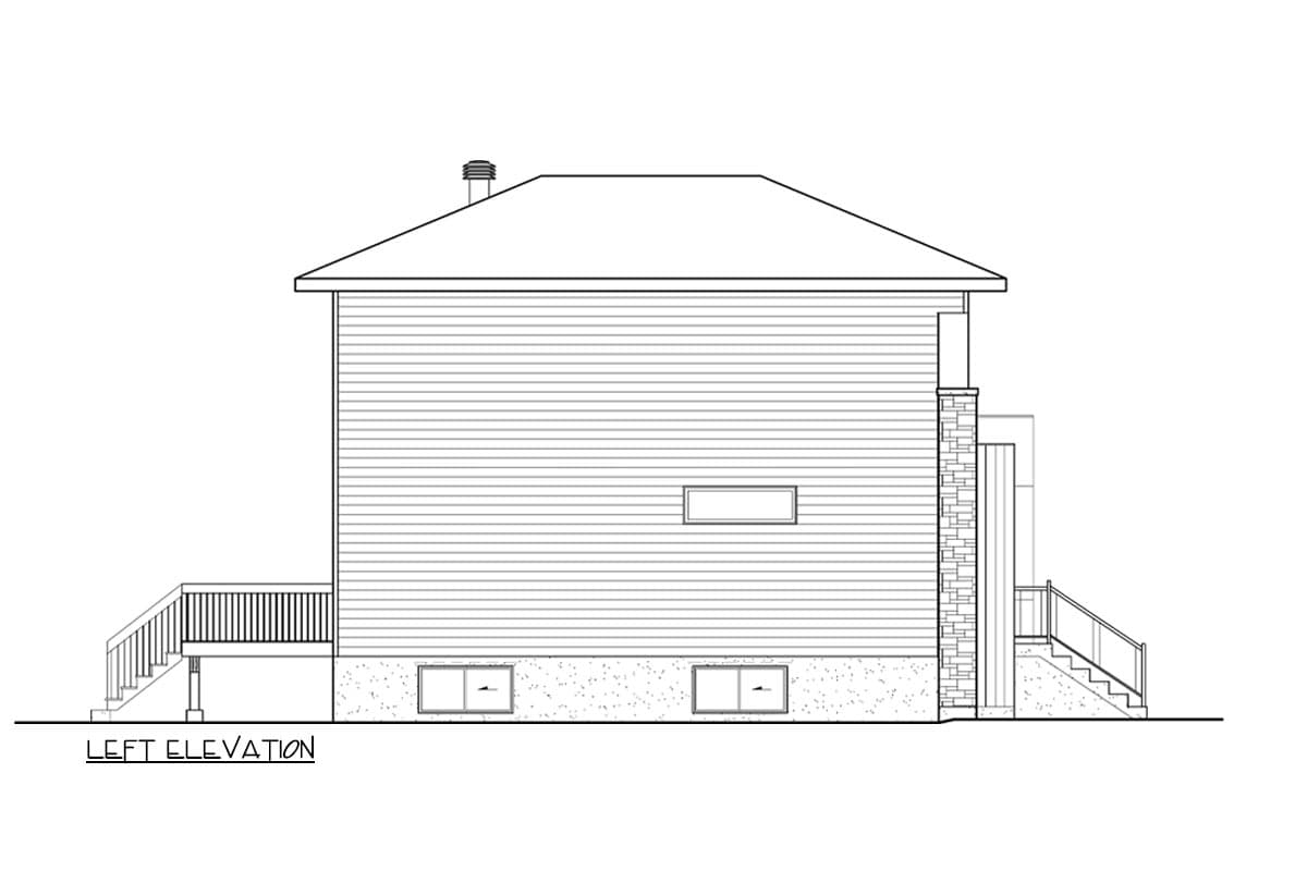 Left elevation house plan showing vinyl siding, a deck, a gabled roof with a chimney, and stone accents.