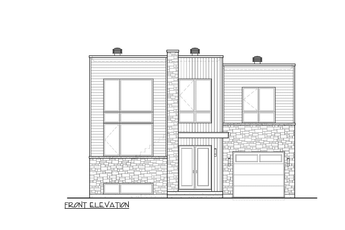 Front elevation drawing of a two-story house with horizontal siding, stone veneer, large windows, double entry doors, and a garage.
