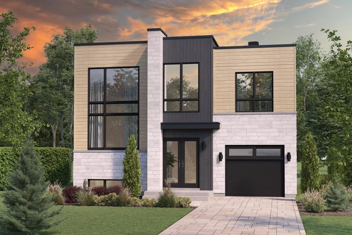 House plan exterior. Two-story Modern house with a flat roof, large windows, wood siding, and a single-car garage.
