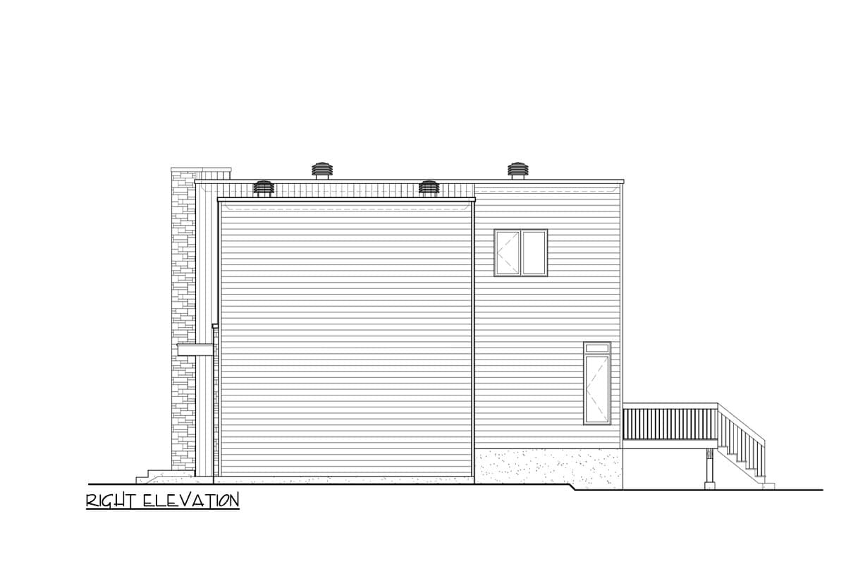 Right elevation drawing of a house plan with horizontal siding, two windows, a door, and a deck with stairs.