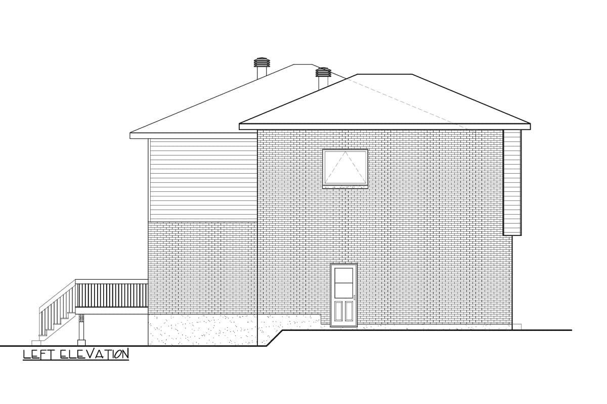 Left elevation drawing of a two-story house plan with brick and siding, a door, a window, and a deck.