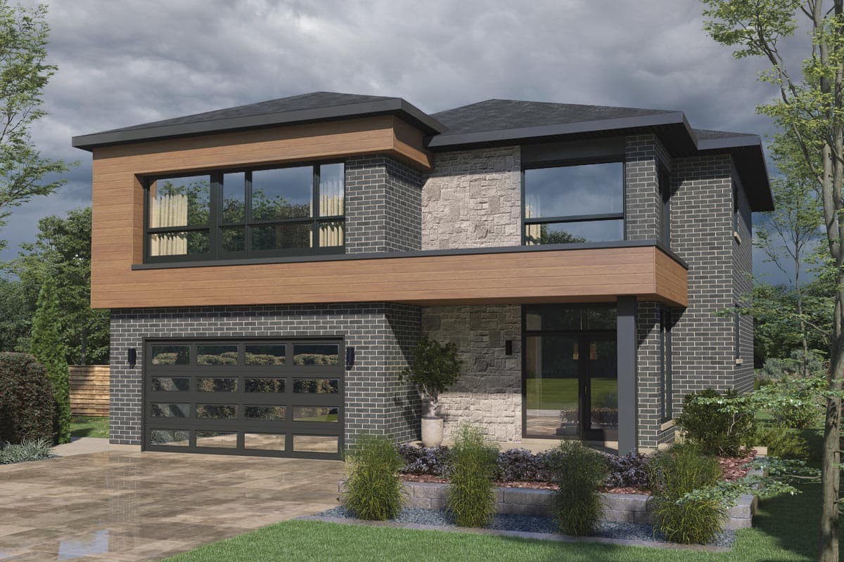House plan exterior. Two-story modern style with brick and wood siding. Features include a glass garage door, stone accents, and flat rooflines.