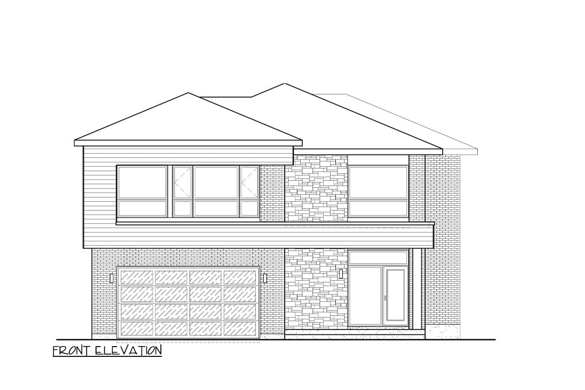 Front elevation drawing of a two-story house with a garage, large windows, and a covered entry.