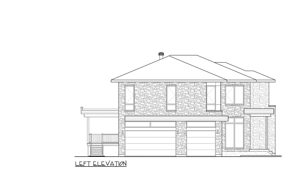 Left elevation house plan showing two stories, multiple windows, two garages, and a covered porch.