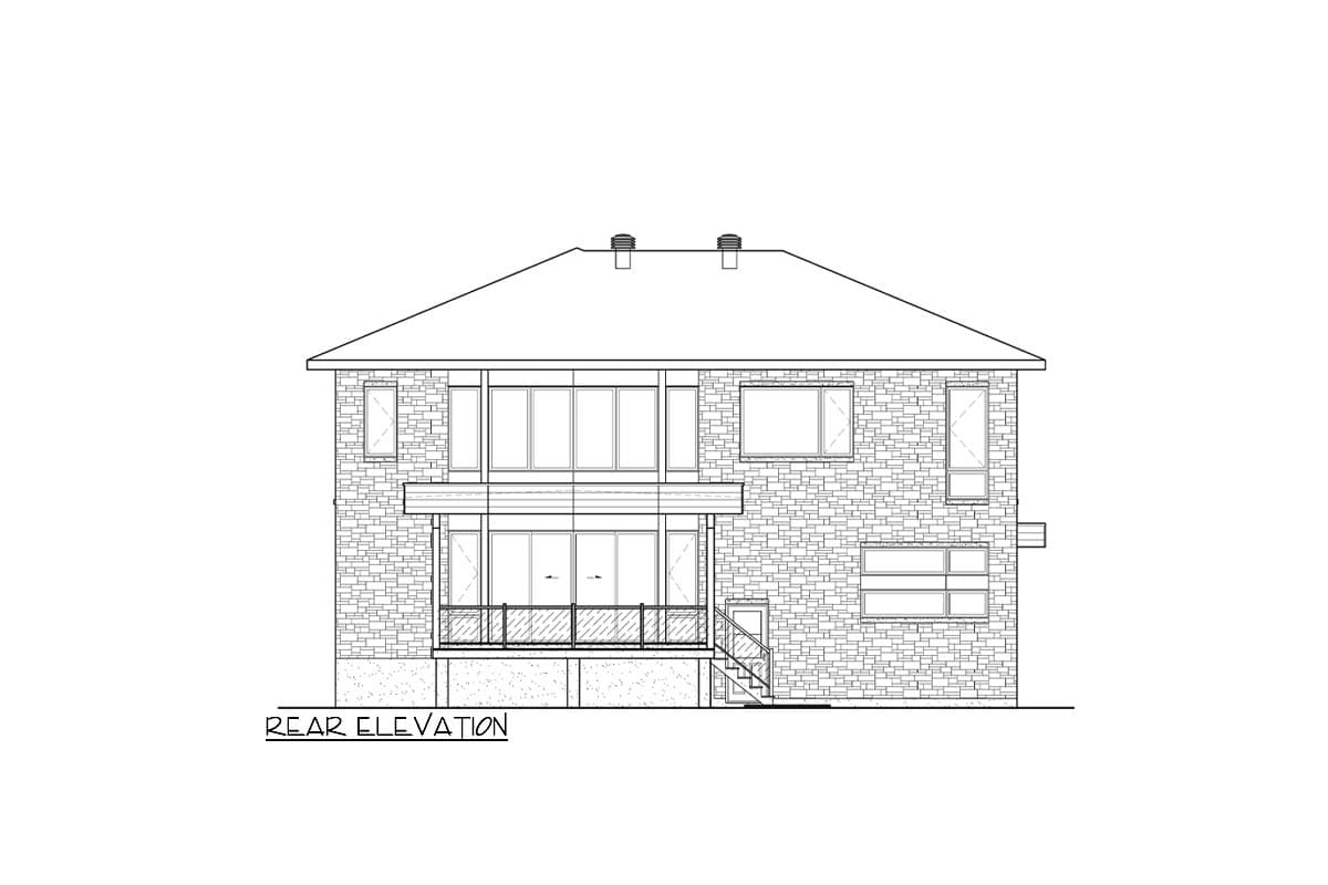 Rear elevation drawing of a two-story house with a stone facade, a covered balcony, and large windows.