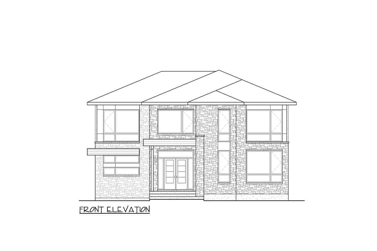 Front elevation drawing of a two-story house plan with stone facade, multiple windows, and a hip roof.