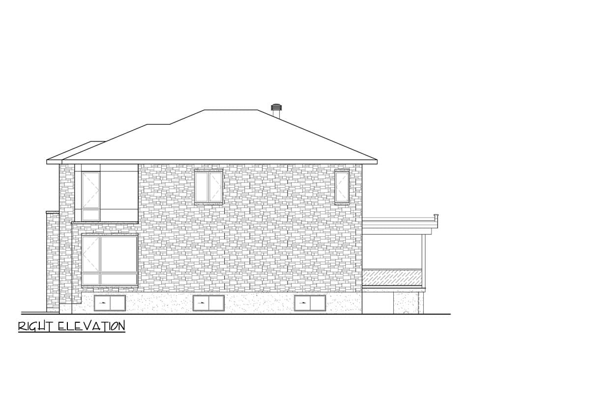 Right elevation house plan showing a two-story home with stone exterior, varied window sizes, and a covered balcony.