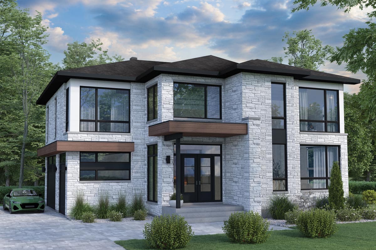 Two-story house plan exterior featuring a flat roof, stone veneer, and covered entry. Garage with integrated design, and large windows throughout.