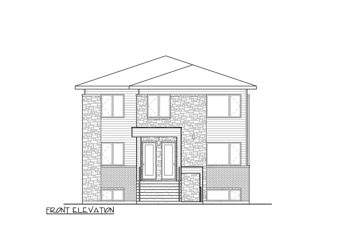 Front elevation drawing of a two-story house with stone and horizontal siding, a covered entryway, and multiple windows.