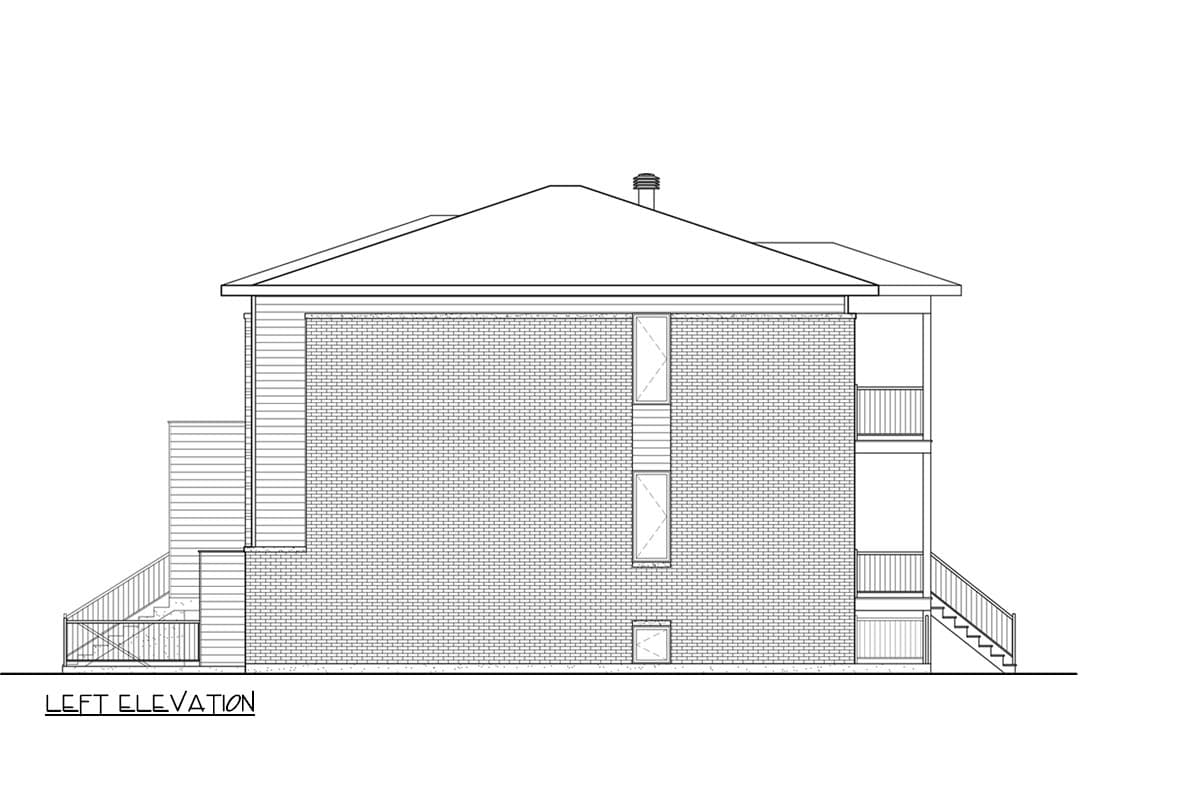 Left elevation drawing of a house plan showing brick and siding, a hip roof, and exterior stairs to two levels.