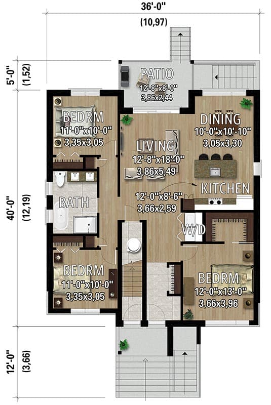Plan 801160PM: Modern Triplex with 3 Bed 1 Bath Units - 1384 Sq Ft Ea - Floor Plan - Main Level - Contemporary, Northwest