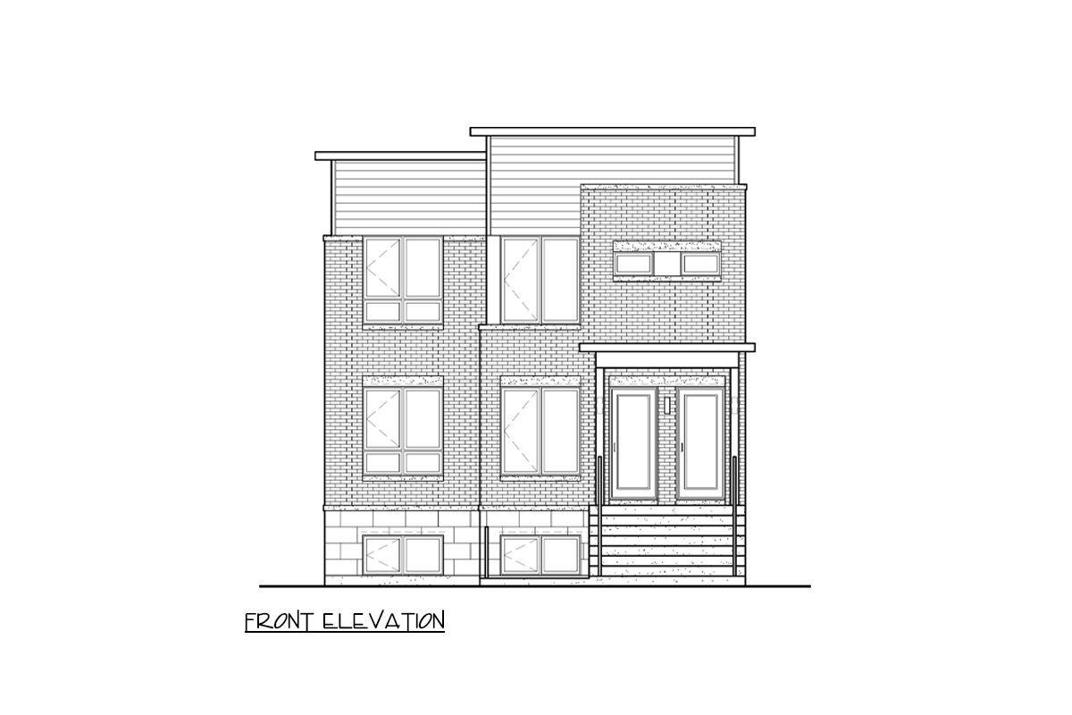 Front elevation drawing of a two-story house with brick facade, multiple windows, and covered entry.