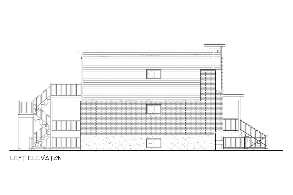 Left elevation of a house plan showing brick lower level, vinyl siding upper level, stairs, and decks.