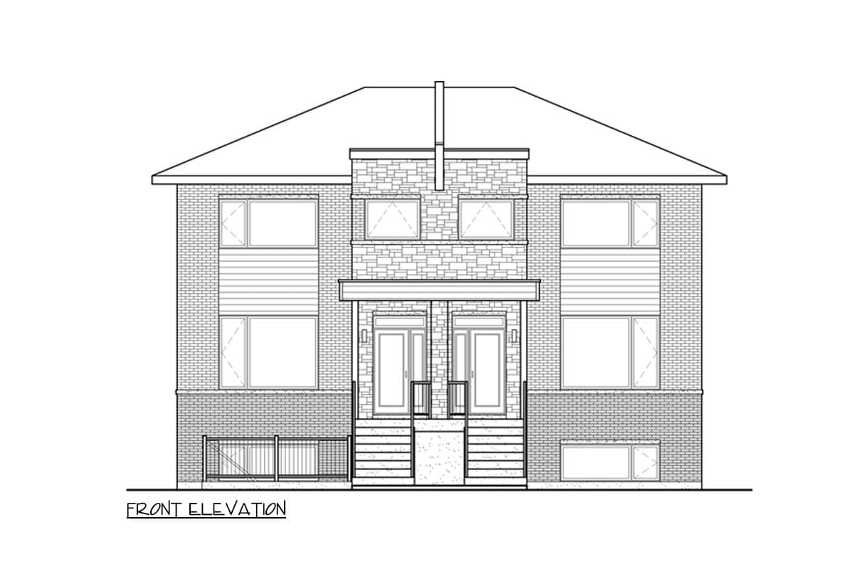 Front elevation drawing of a two-story house with brick and horizontal siding, double entry doors, and a gabled roof.