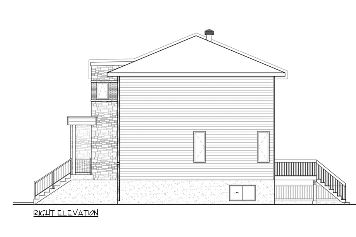 Right elevation drawing of a two-story house plan with horizontal siding, stone accents, a hip roof, a chimney, and decks.