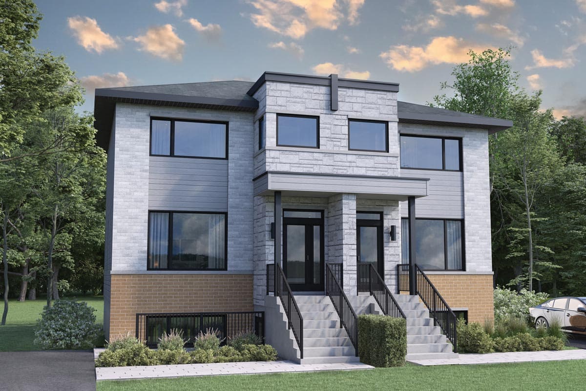 House plan exterior. Two-story, Modern design with stone and siding. Features include two entrances with steps, and a flat roof.