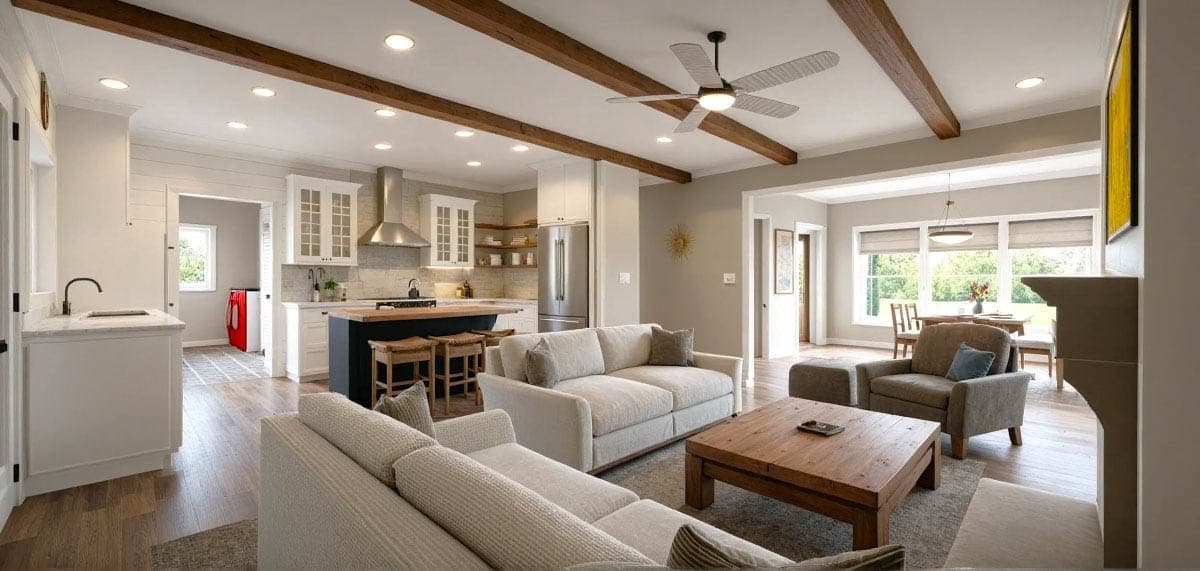 Open concept interior rendering with kitchen island, fireplace, shiplap accent wall, and exposed wood beams.
