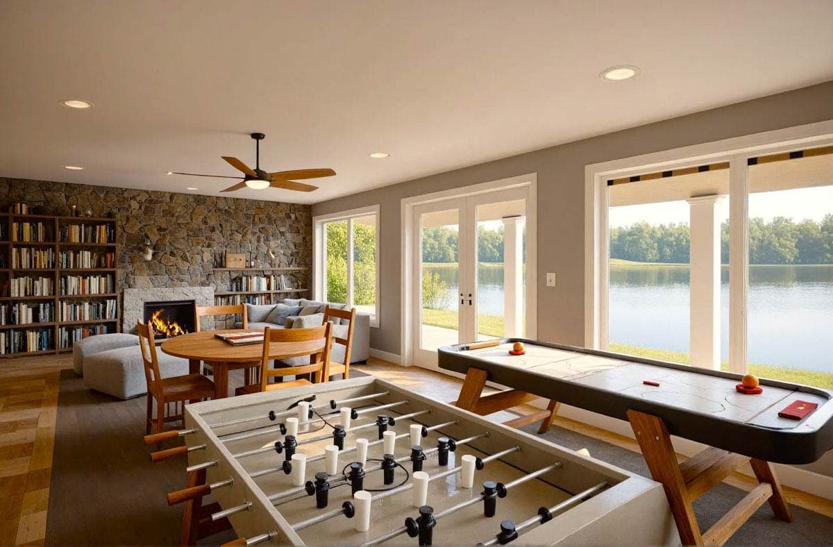 Open concept living and dining area with beamed ceiling, large windows, kitchen island, and deck access.
