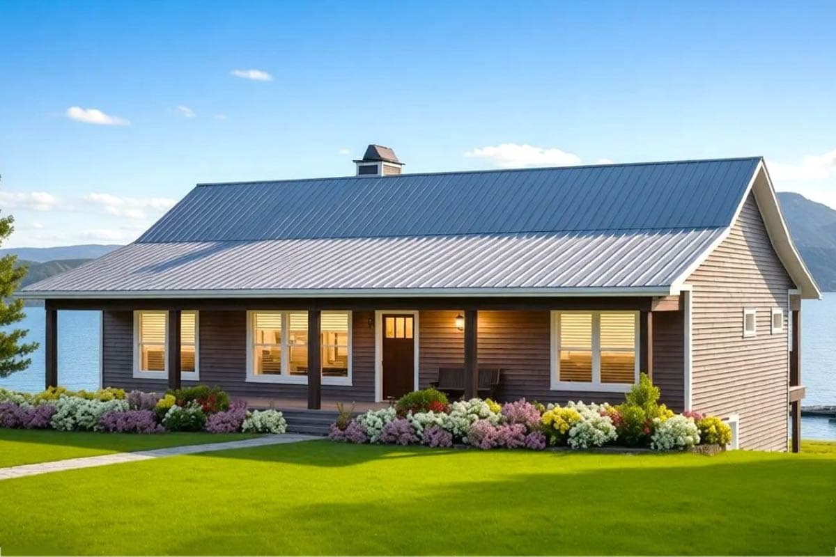 House plan exterior. Ranch style with a covered porch, gable roof, and metal roof. Features include a chimney and horizontal siding.