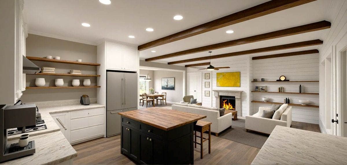Open concept interior rendering with kitchen island, fireplace, shiplap accent wall, and exposed wood beams.