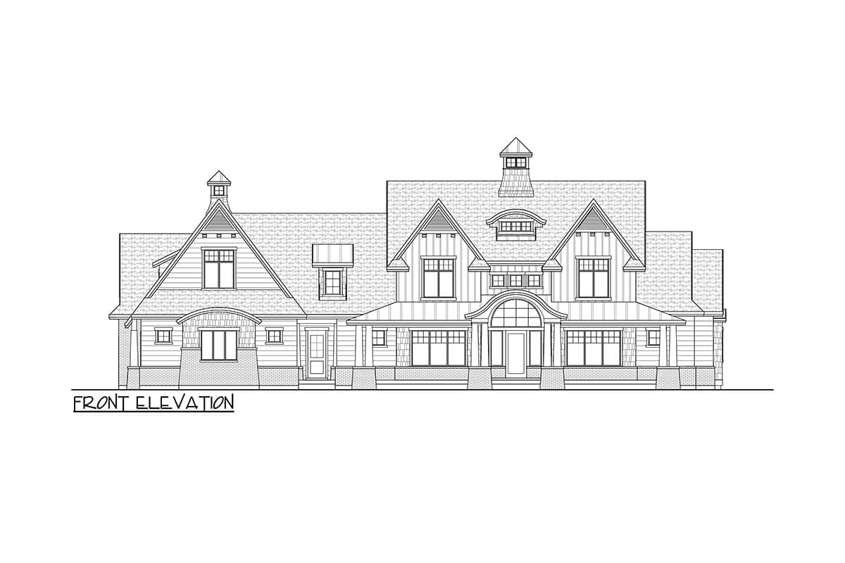 Front elevation house plan with multiple gables, dormers, cupola, and wraparound porch.