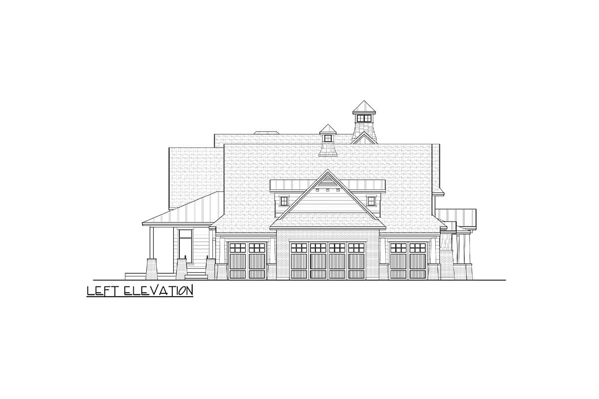 Left elevation of a house plan featuring multiple garage doors, gables, dormers, and a cupola.