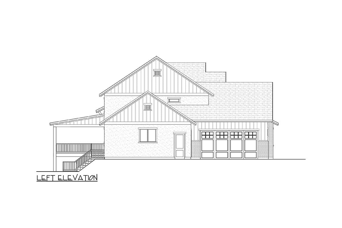 Left elevation house plan showing a multi-story structure with gables, a covered porch, and a three-car garage.