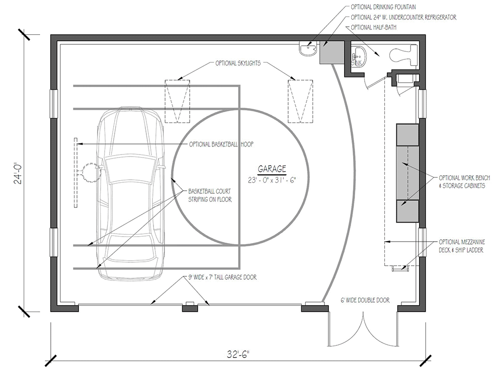 Plan 654019KNA: 2-Car Garage or Sport Court with Loft - 780 Sq Ft - Floor Plan - Main Level - Country, Craftsman, New American, Shingle