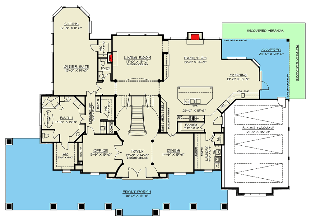 Plan 12328JL: Country House Plan with Large Front Porch - 3986 Sq Ft - Floor Plan - Main Level - Country, Southern, Traditional