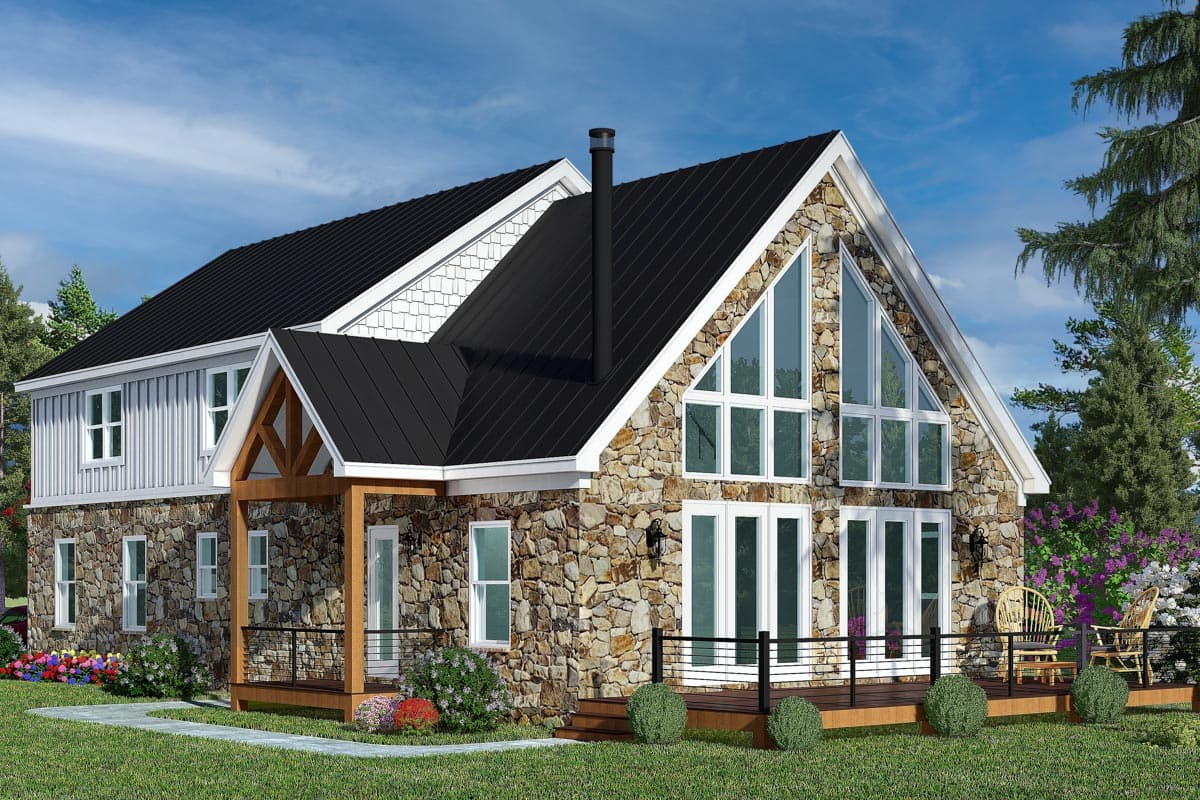House plan exterior of two-story stone and vertical siding home with black metal roof, gabled dormer, and large A-frame windows.