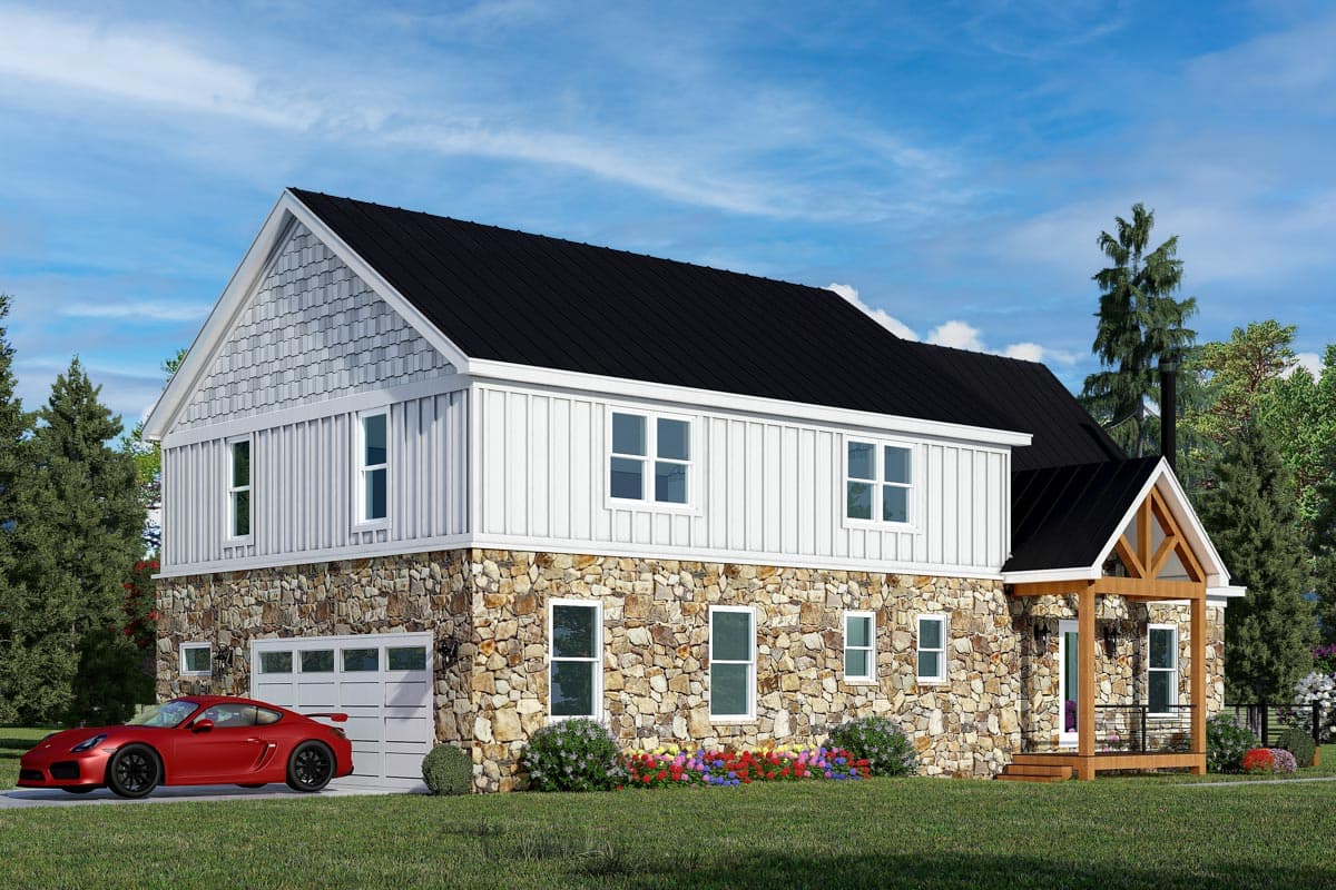 House plan exterior with stone and vertical siding, two stories, gabled roof, and covered porch.