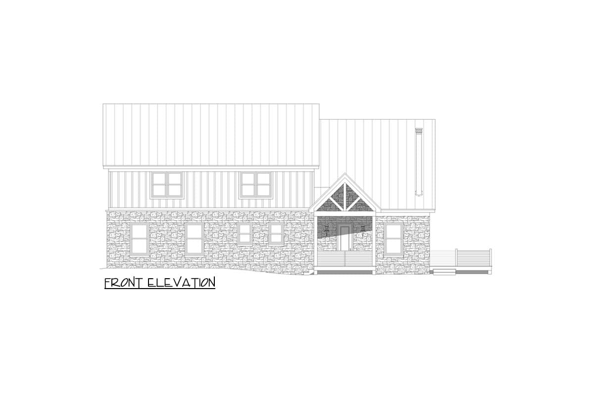 Front elevation drawing of a house plan with stone foundation, vertical siding, and metal roof.