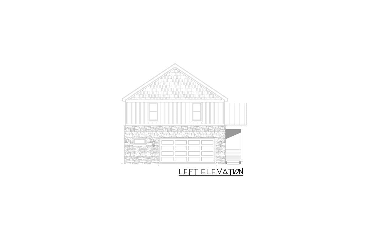 Left elevation drawing of a two-story house plan with stone base, siding, gable end with shingle detail, and side porch.