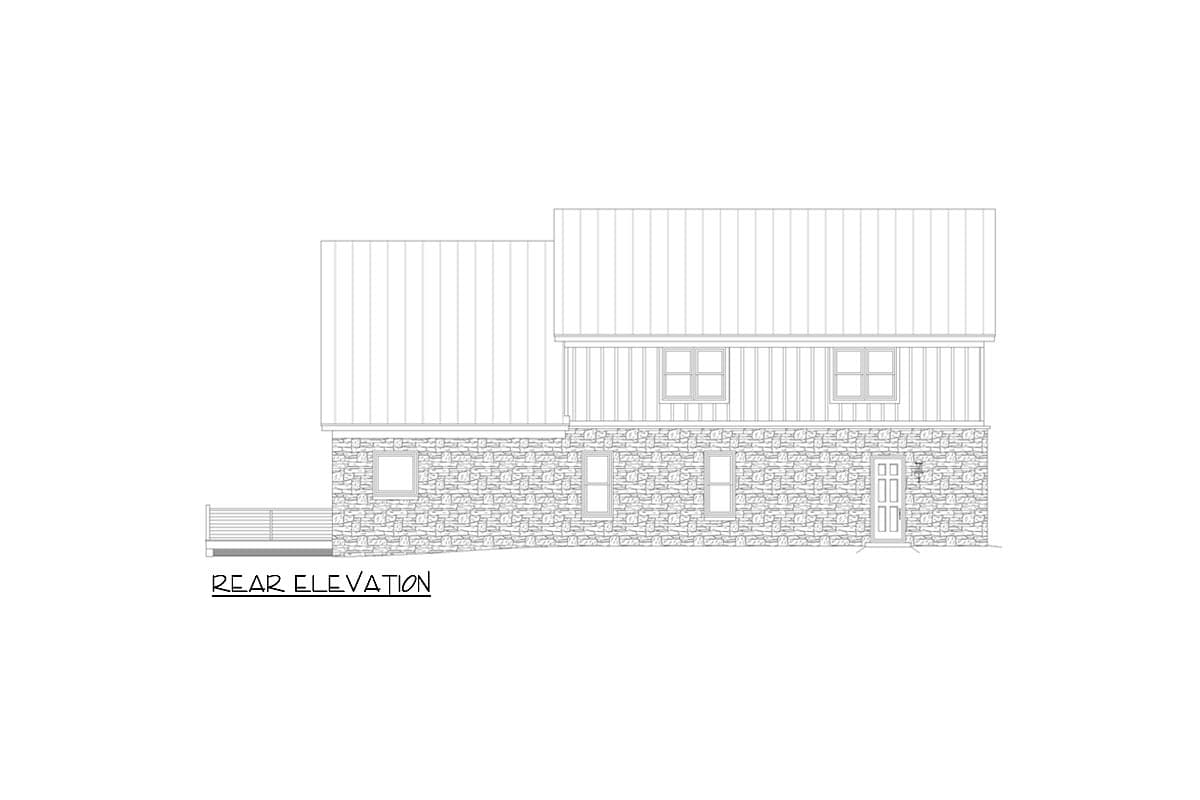 Rear elevation drawing of a two-story house with stone base, vertical siding, and metal roof.