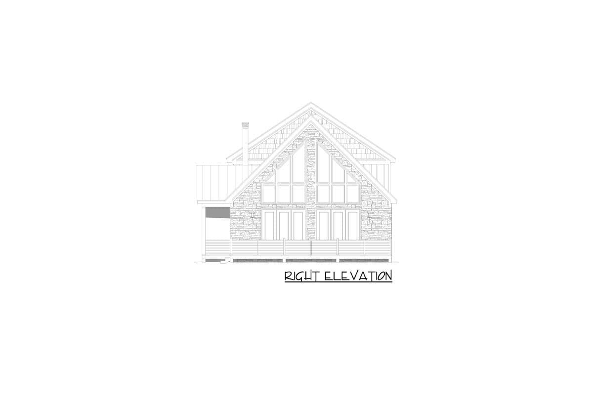 Right elevation drawing of house plan featuring stone facade, large A-frame windows, and gable roof.