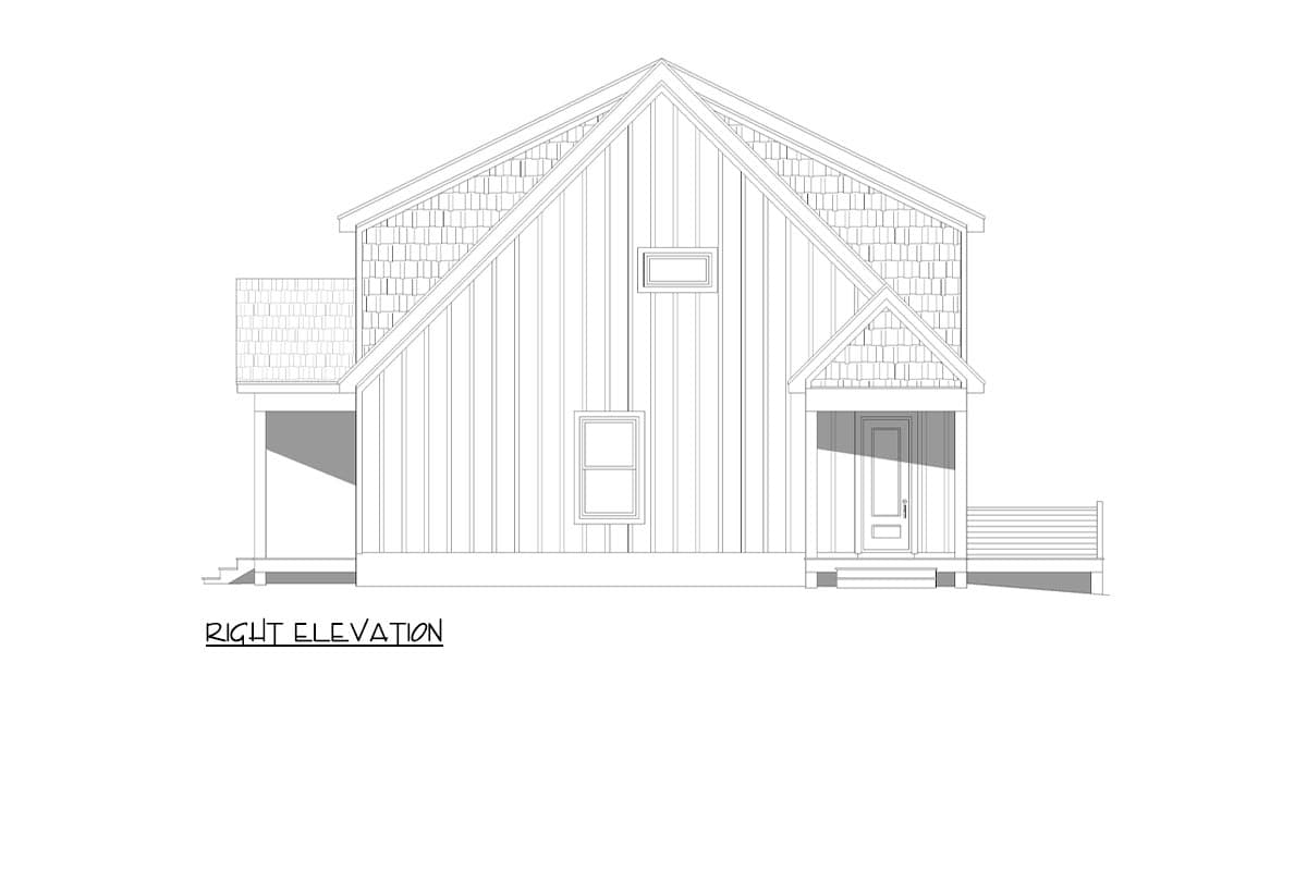Right elevation house plan with vertical siding, gabled roof, dormer, covered porch with railing, and one story.