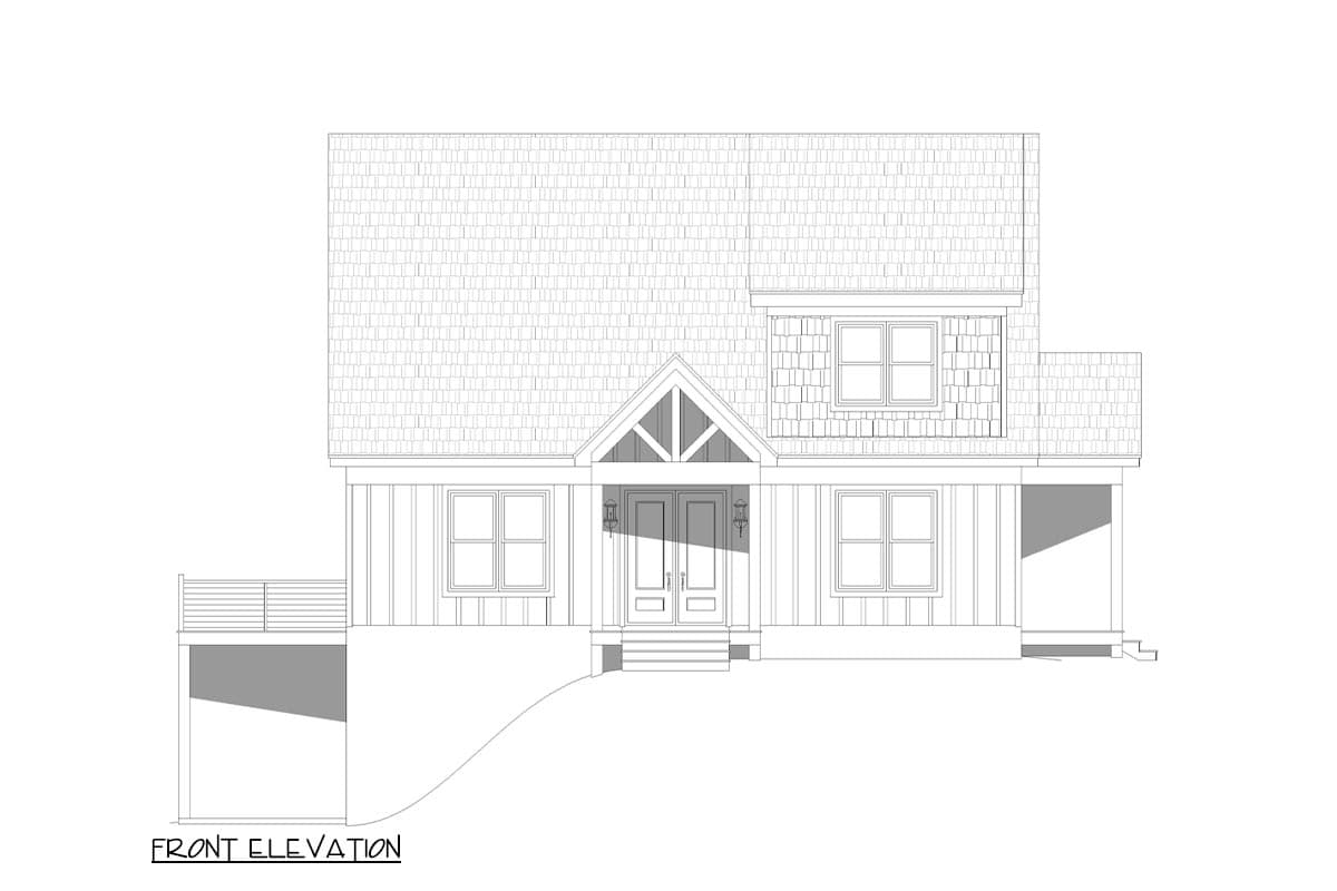 Front elevation drawing of a house plan featuring a prominent gable over the entrance, double doors, multiple windows, and a deck.
