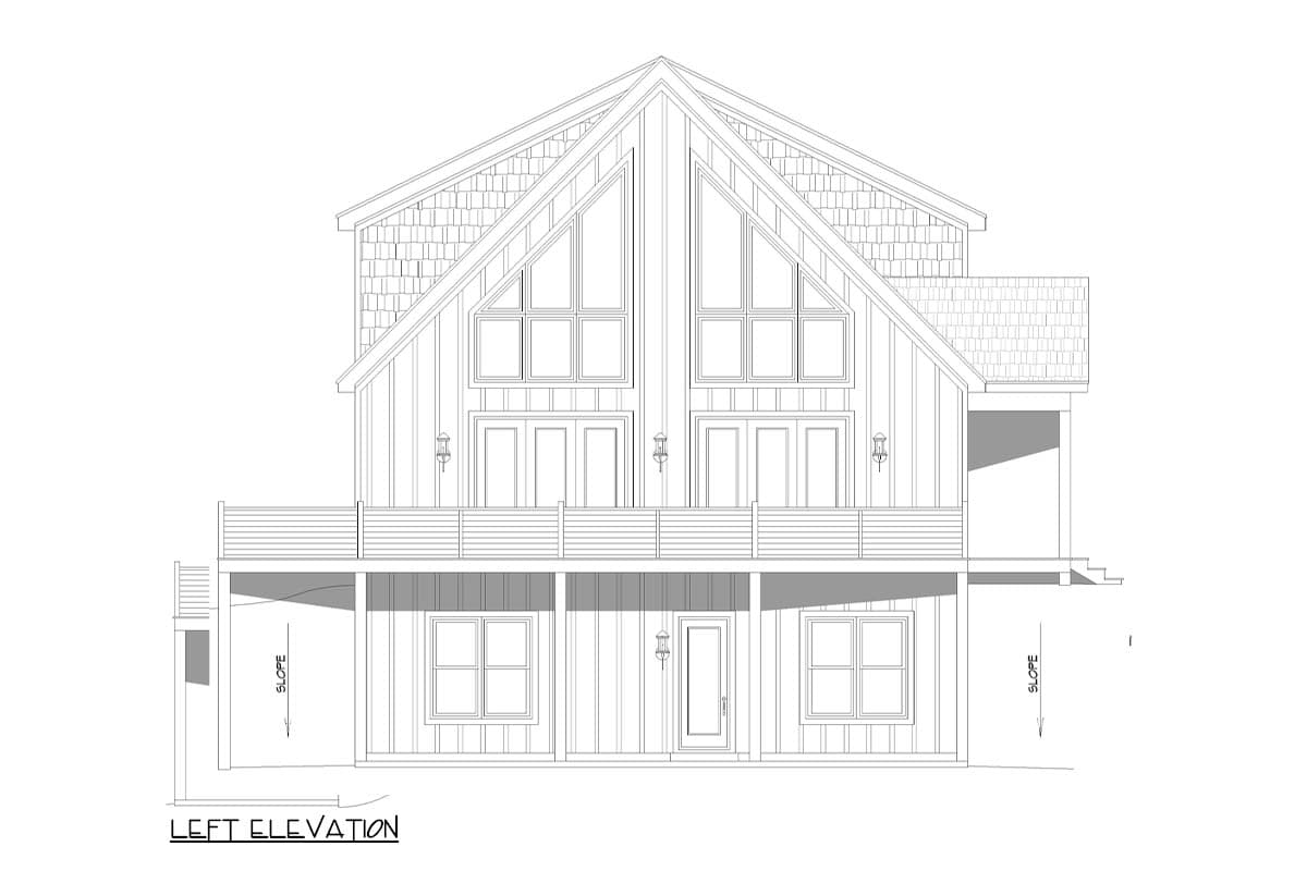 Left elevation house plan showing two stories, a deck, gabled roof with dormers, and large upper windows.