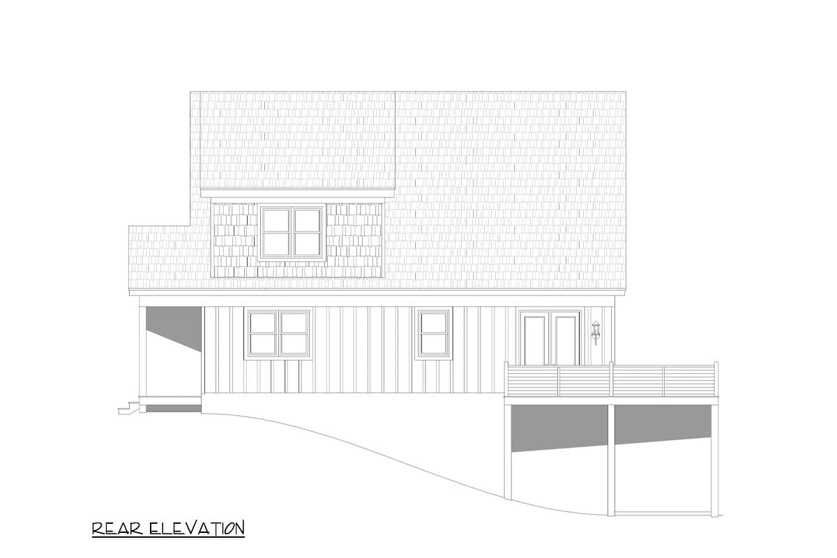 Rear elevation drawing of a house with a dormer, lap siding, and a deck.