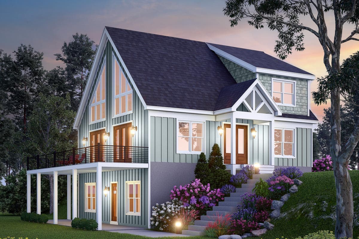 House plan exterior with two stories, gabled roof, covered porch, and a balcony. Vertical siding and accent windows are also visible.