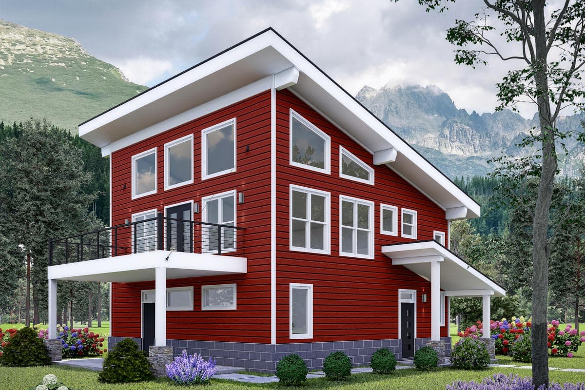 House plan exterior. Two-story modern style home with shed roof. Features include balcony with black railing, large windows, and a covered porch.