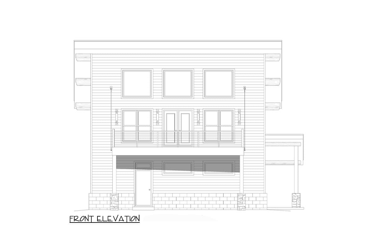 Front elevation drawing of a two-story house with horizontal siding, a second-story balcony, and stone accents.