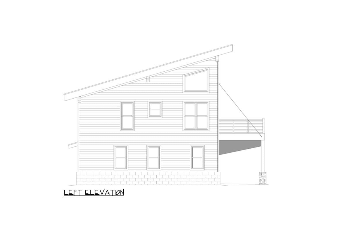 Left elevation drawing of a two-story house with horizontal siding, multiple windows, and a sloped roofline with a deck.