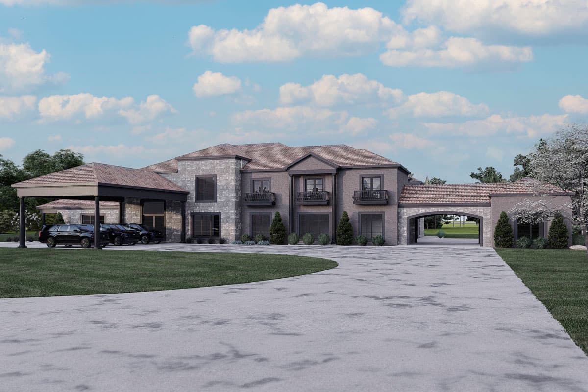 House plan exterior. Two-story, Mediterranean-style home with a porte-cochere, arched entryway, and multiple balconies. Stucco and stone facade.