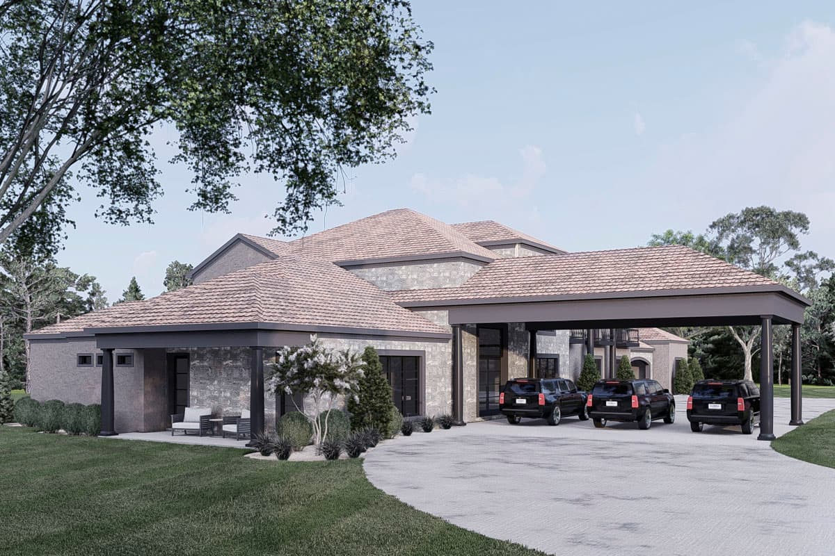 House plan exterior: Stone facade, tile roof, covered carport with three vehicles, and a covered patio with seating.