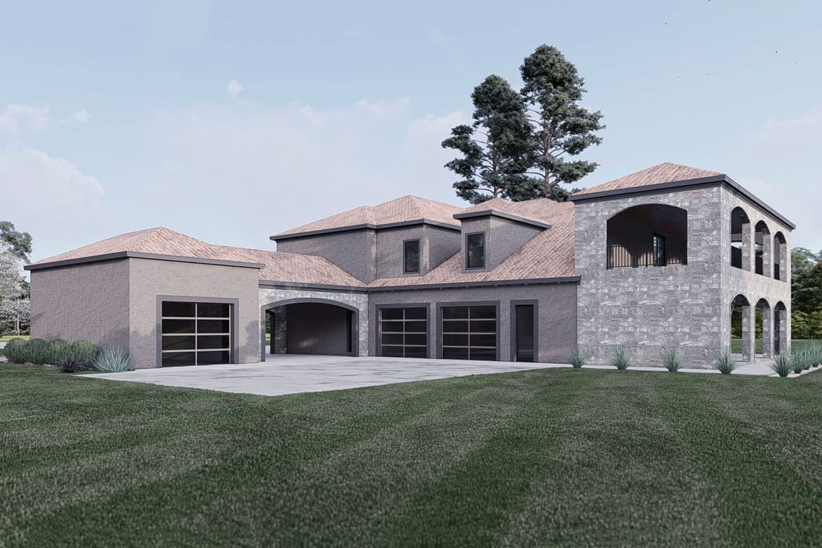 House plan exterior: Modern design with a mix of stone and stucco, tiled roof, porte-cochere, and arched balconies.