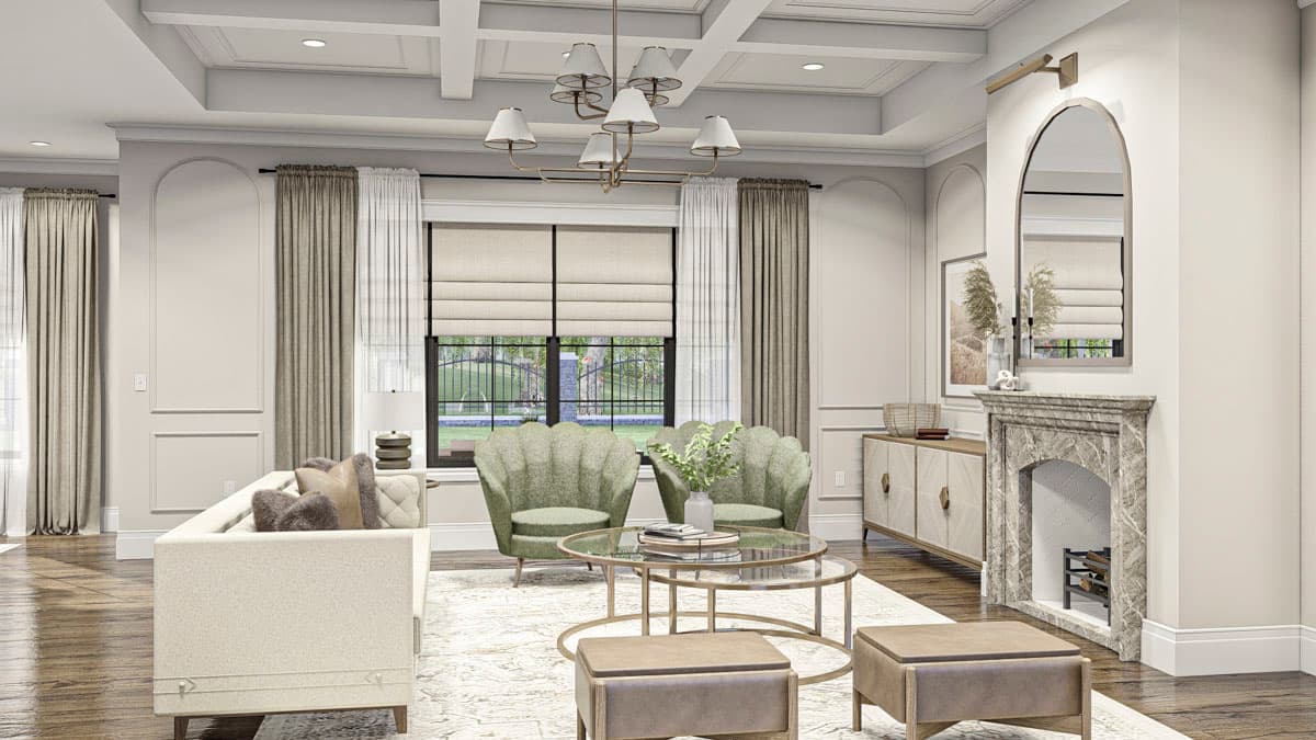 Living room with coffered ceiling, marble fireplace, contemporary sofa, accent chairs, and glass coffee table.